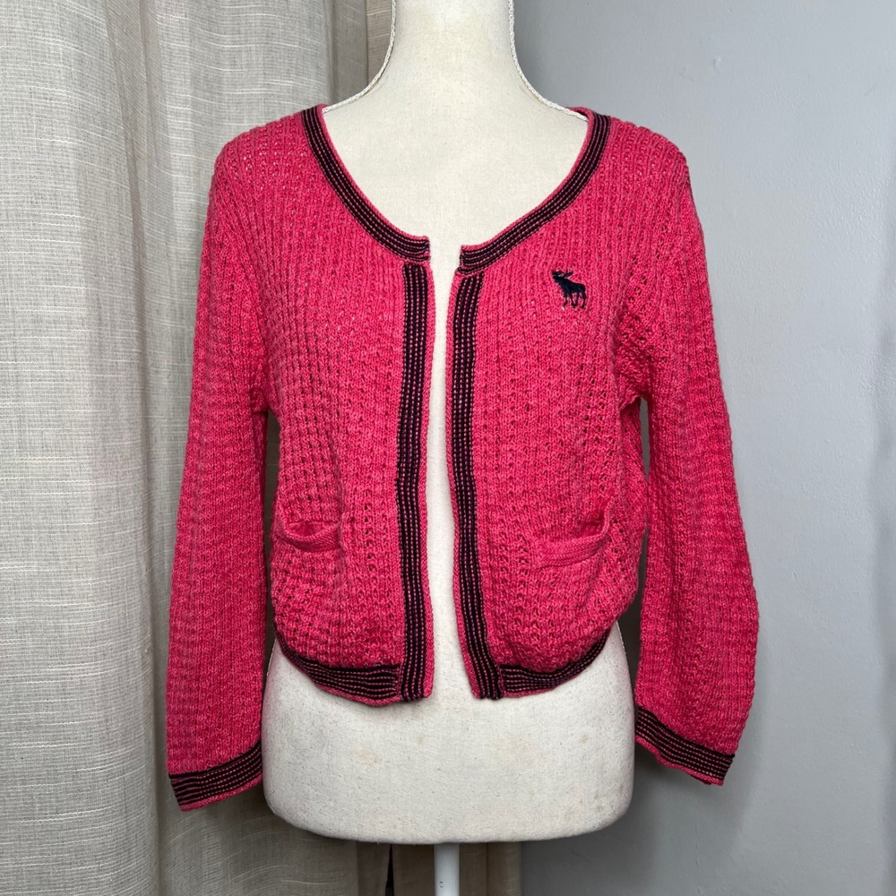 Y2K Abercrombie & Fitch Cropped Cardigan Sweater Moose Pink Cotton Womens Large‎